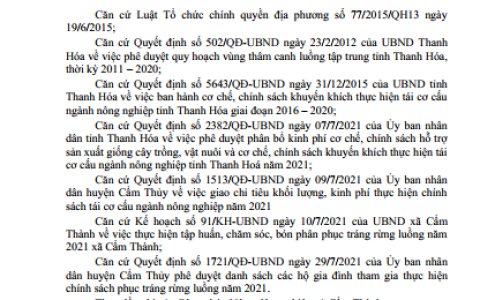 Quyết định V/v: Phê duyệt danh sách, diện tích, địa điểm các hộ gia đình đăng ký tham gia thực hiện chính sách phục tráng rừng luồng năm 2021